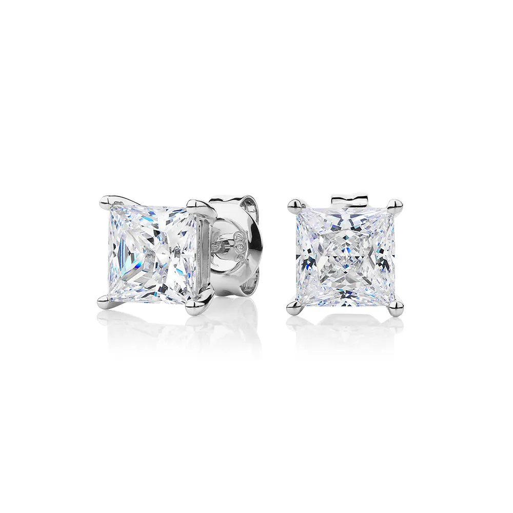 Princess cut stud earrings with 2.48 carats* of diamond simulants in 10 carat white gold