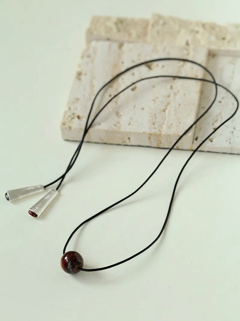Red Tiger's Eye Pendant Necklace with Black Cord