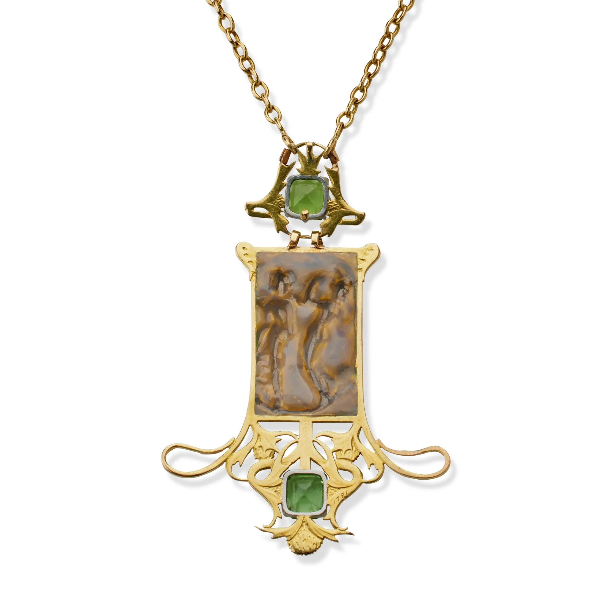 Ren?? Lalique 18K Gold Peridot and Enamel Dancing Figures Pendant Necklace