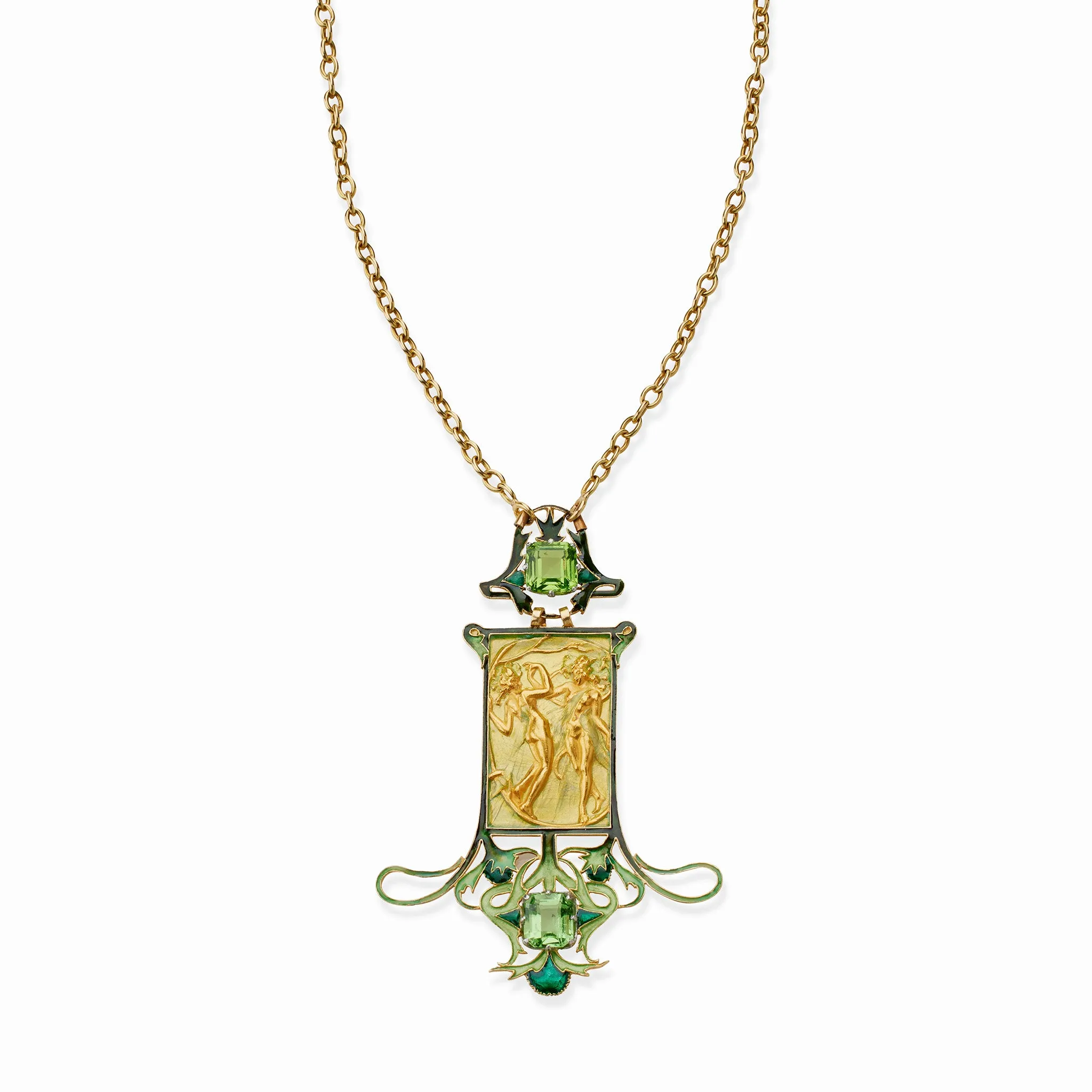 Ren?? Lalique 18K Gold Peridot and Enamel Dancing Figures Pendant Necklace