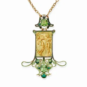Ren?? Lalique 18K Gold Peridot and Enamel Dancing Figures Pendant Necklace
