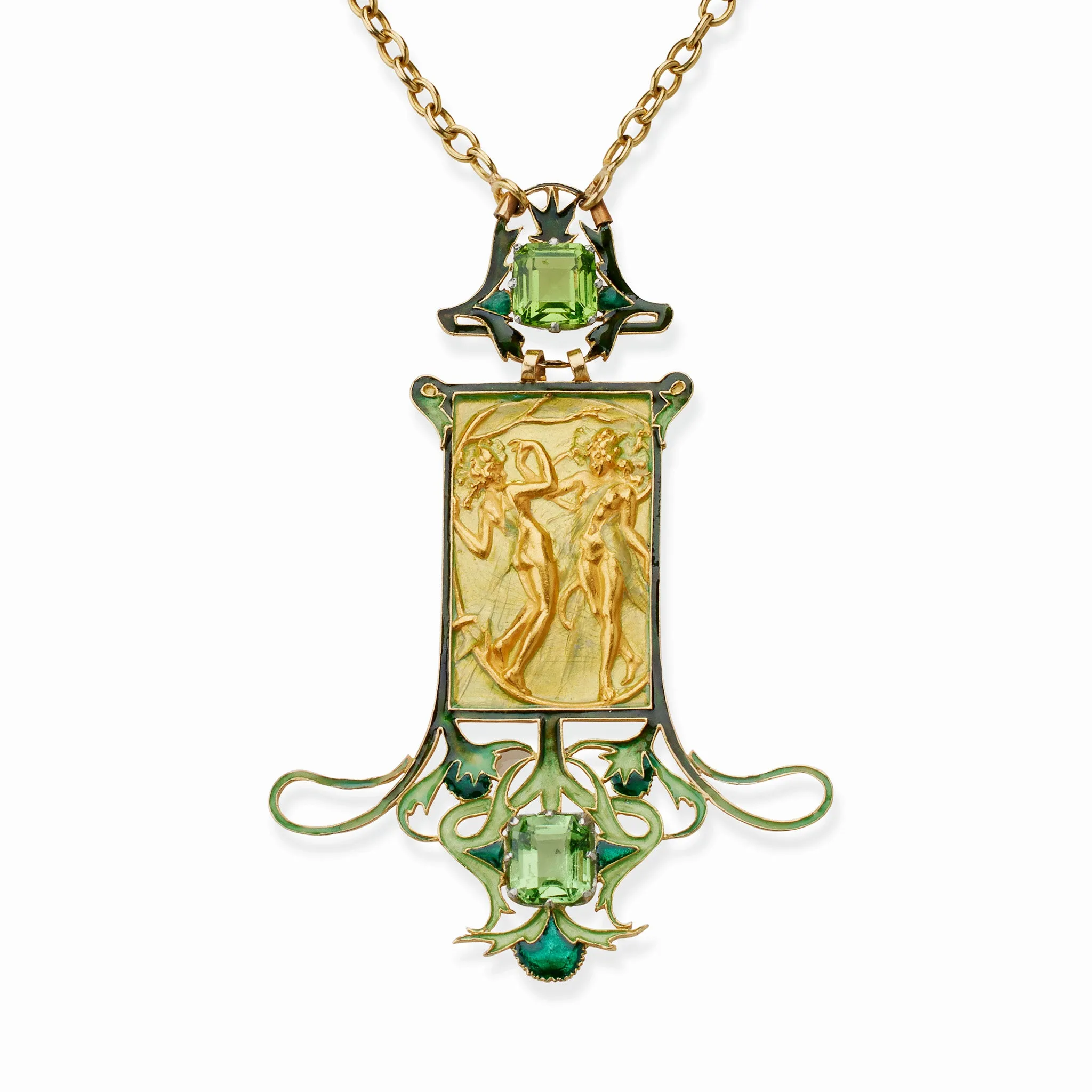 Ren?? Lalique 18K Gold Peridot and Enamel Dancing Figures Pendant Necklace