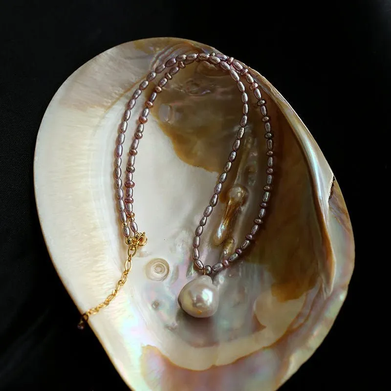 Rice Pearl and Purple Baroque Pearl Pendant Necklace