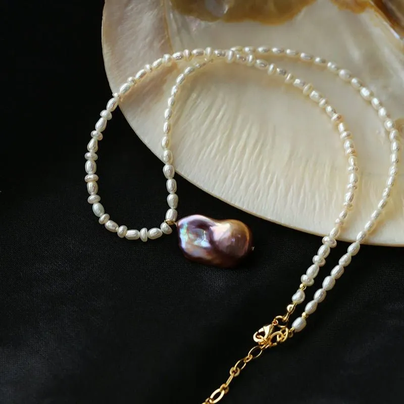 Rice Pearl and Purple Baroque Pearl Pendant Necklace