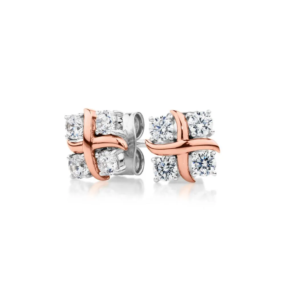 Round Brilliant fancy earrings with 0.48 carats* of diamond simulants in 10 carat rose gold and sterling silver