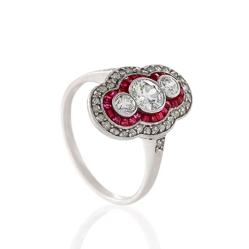 Ruby and Three-Stone Diamond Shield Ring