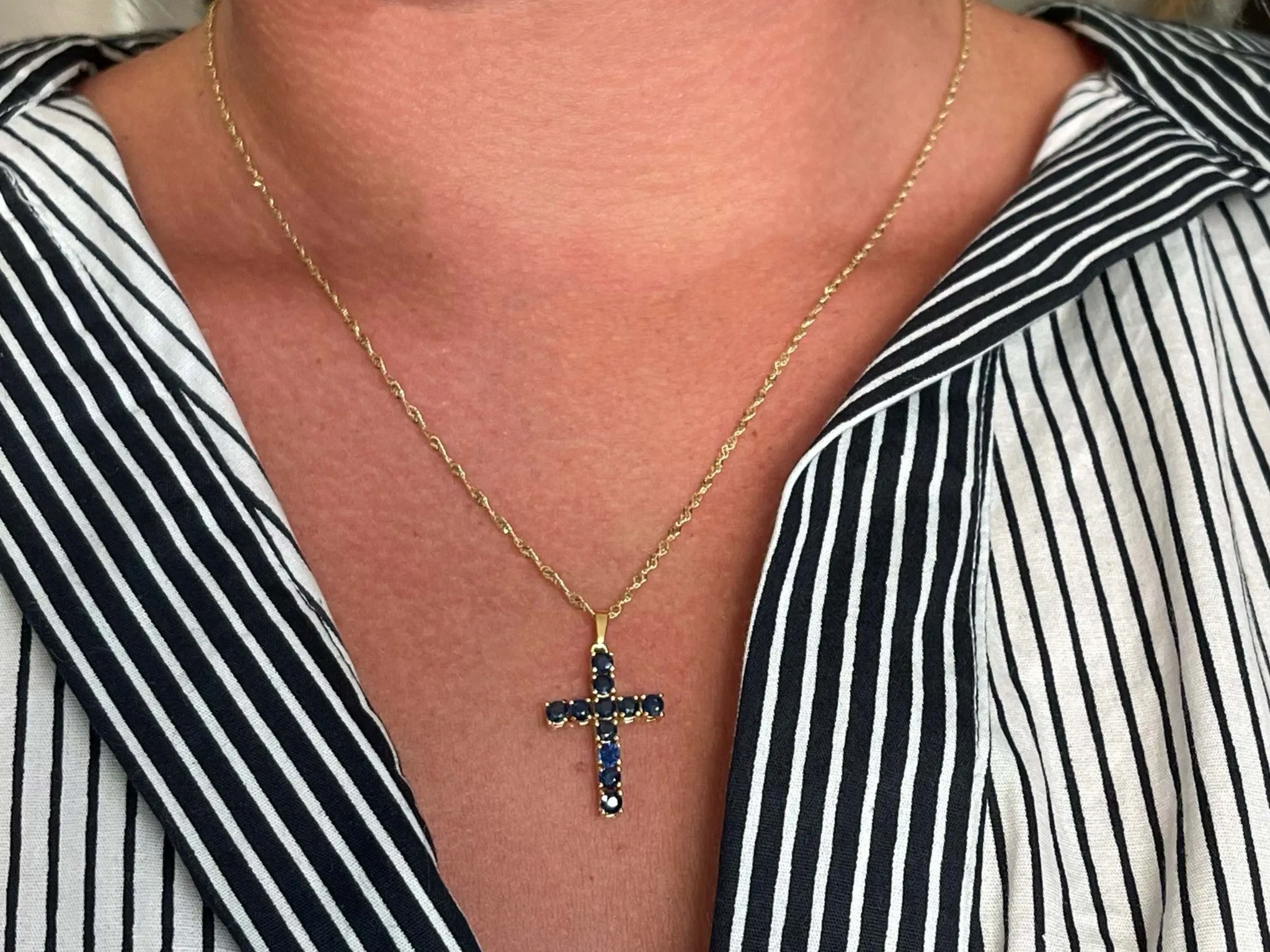 Sapphire Cross Pendant and Disco Chain 14k Yellow Gold