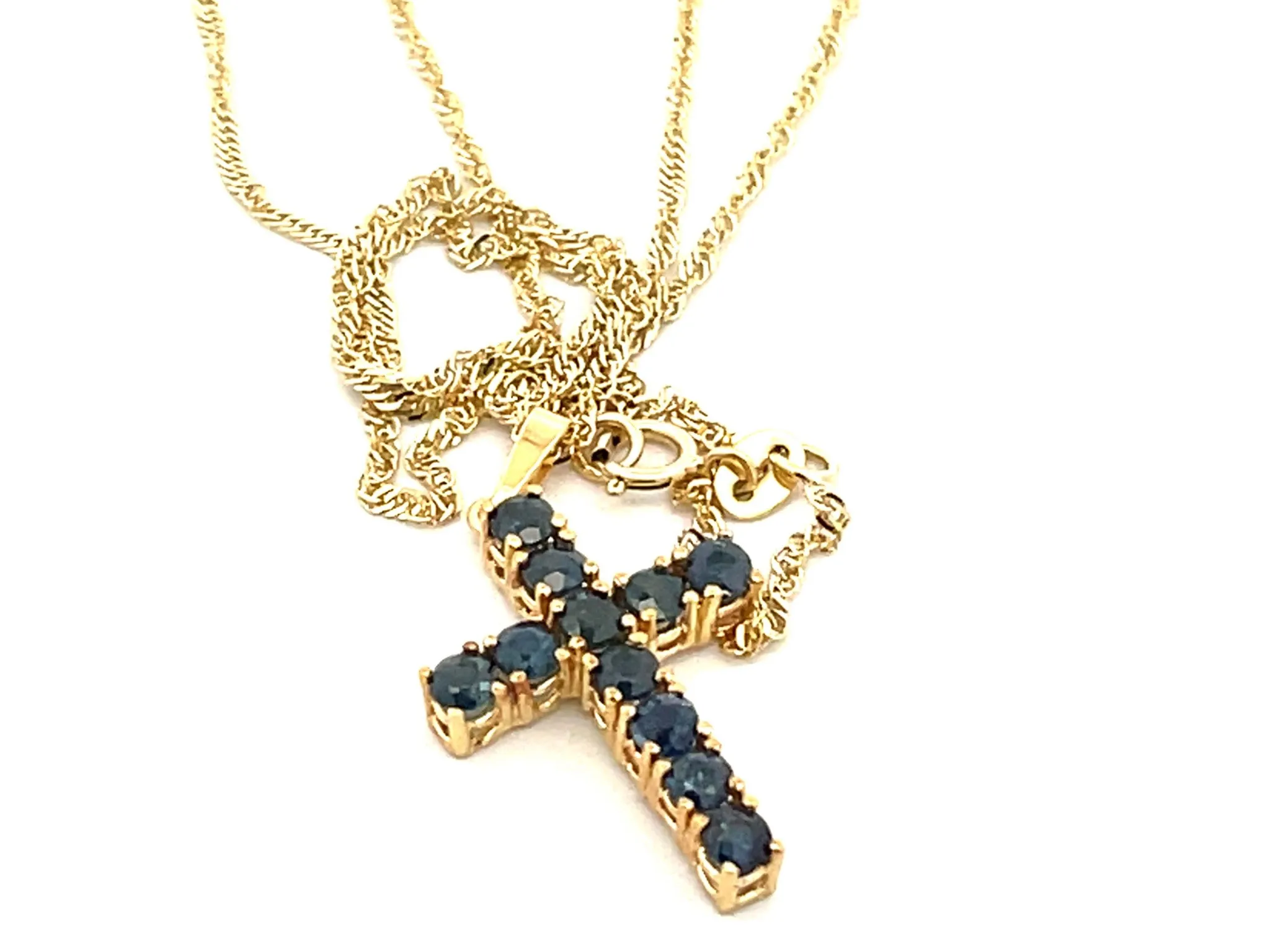 Sapphire Cross Pendant and Disco Chain 14k Yellow Gold