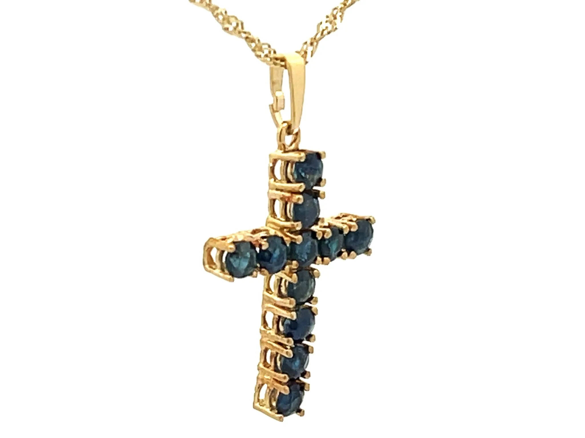 Sapphire Cross Pendant and Disco Chain 14k Yellow Gold