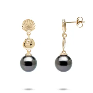 Seashells Tahitian Black Pearl Earrings in Gold - 9-10mm