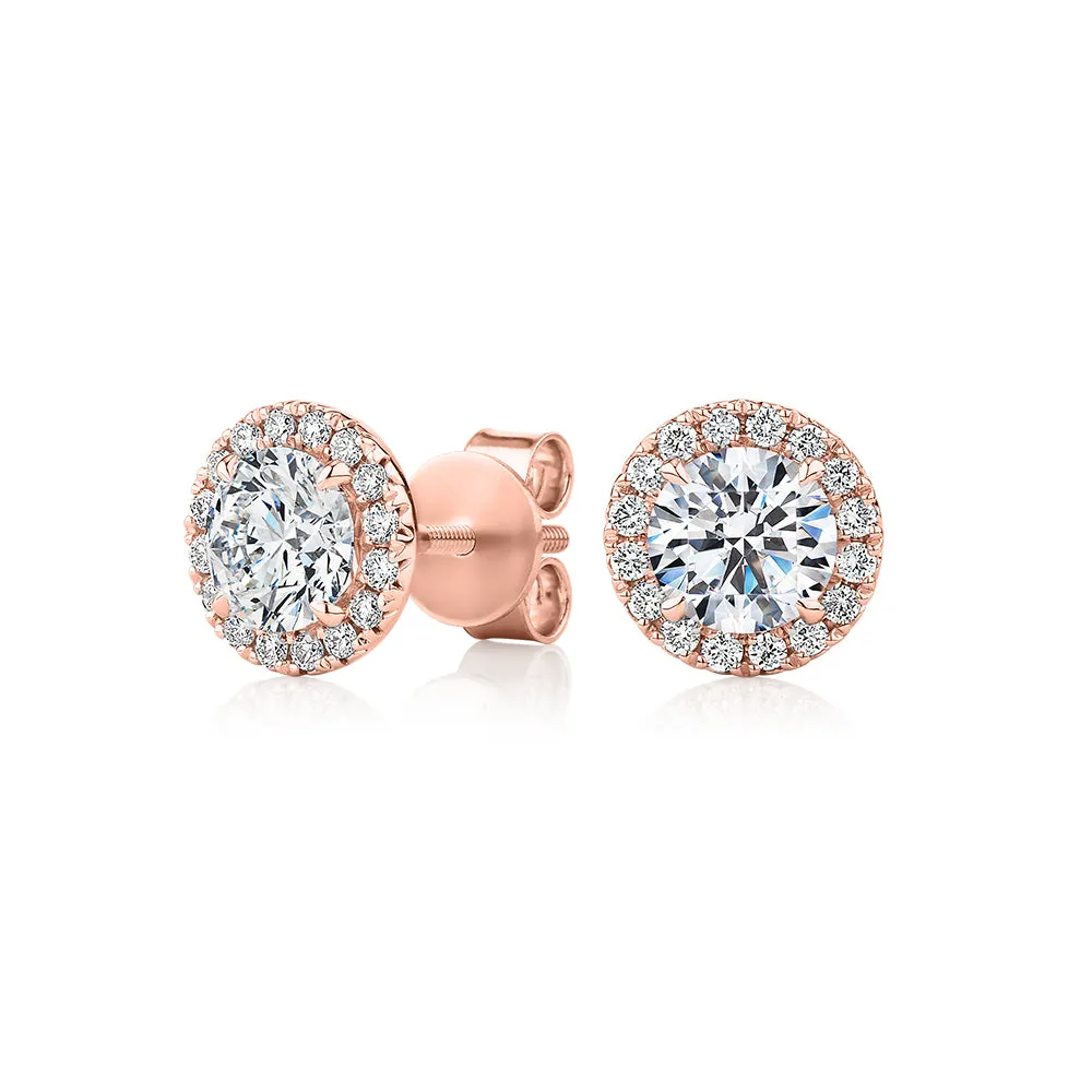 Signature Simulant Diamond 1.67 carat* TW round brilliant halo earrings in 14 carat rose gold