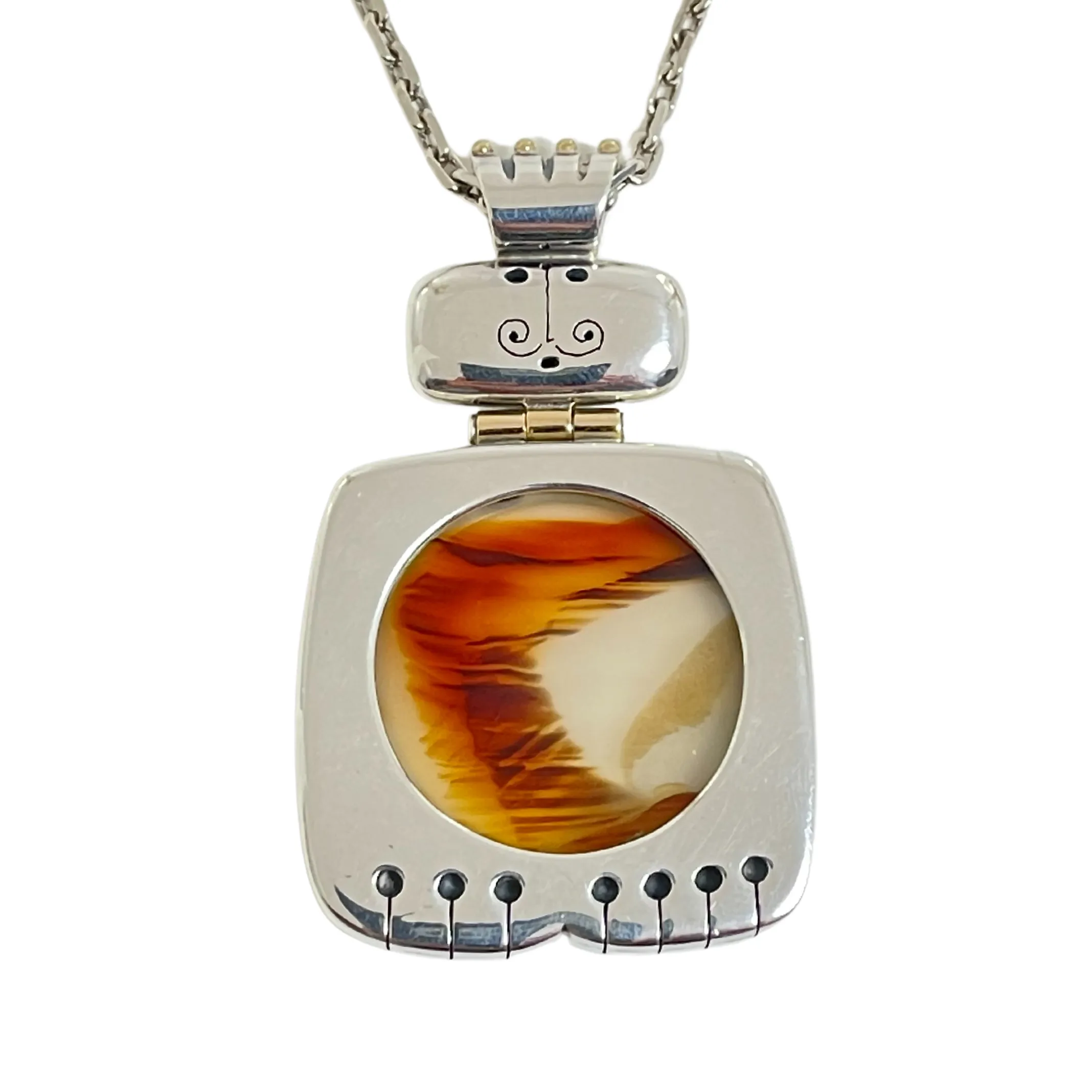 Signed Walter Schluep Agate and Sterling Silver King Pendant Necklace