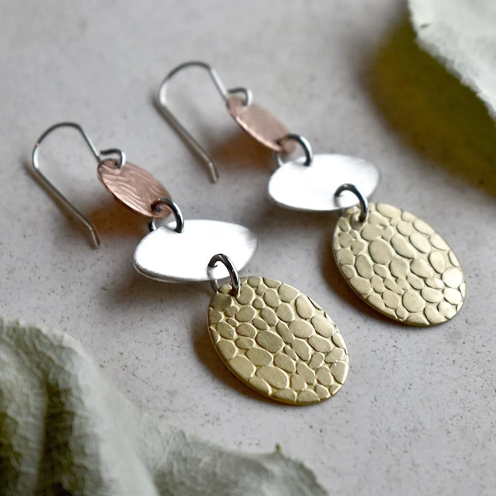 Silver, Brass & Copper Triple Drop Earrings