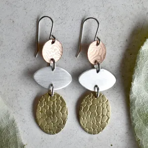 Silver, Brass & Copper Triple Drop Earrings