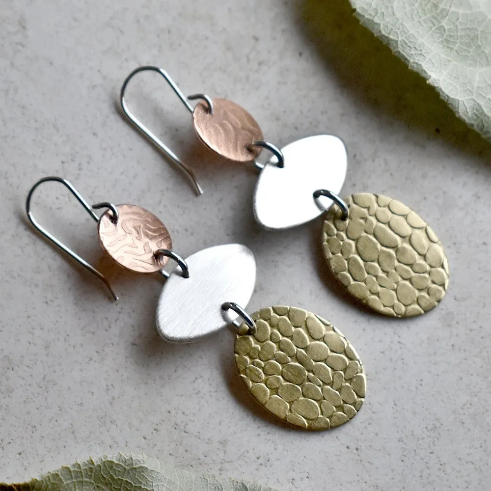 Silver, Brass & Copper Triple Drop Earrings