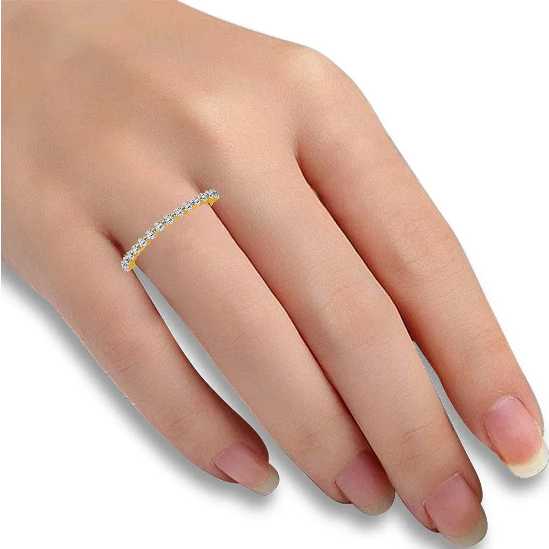 Slender 14K Gold Ring With Sparkling Diamonds Over Continuous Bands
