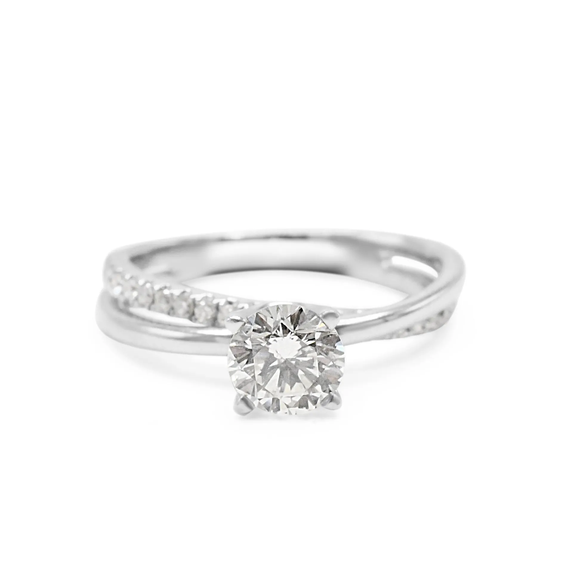 Solitaire Brilliant Cut Diamond Ring, Crossover Diamond Shoulders