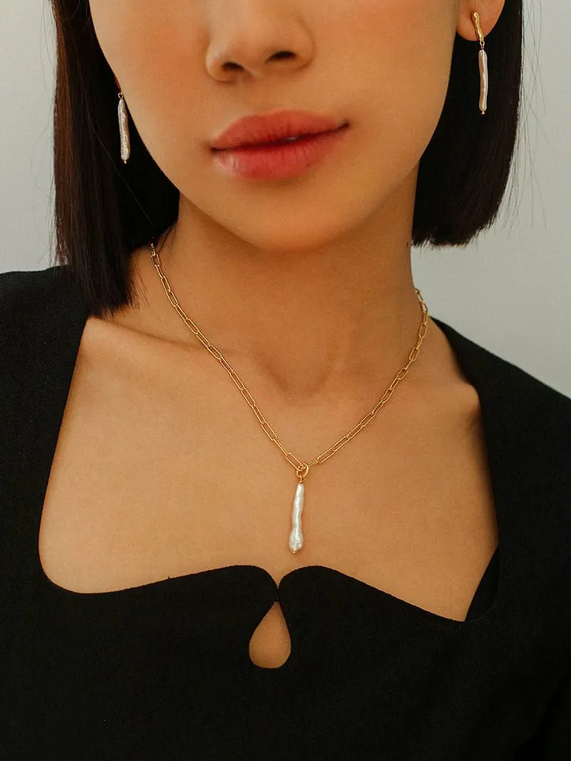 Square Chain Necklace with Toothpick Baroque Pearl Pendants