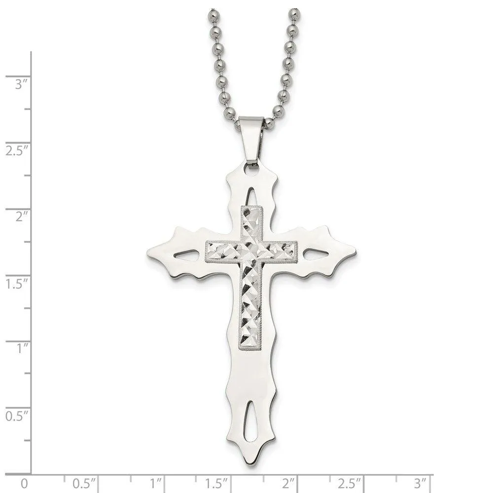 Stainless Steel & Sterling Silver Diamond Cut and Polished Cross Necklace