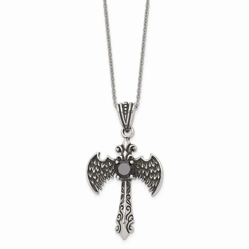 Stainless Steel Antiqued and Polished w/ Black CZ Cross Necklace