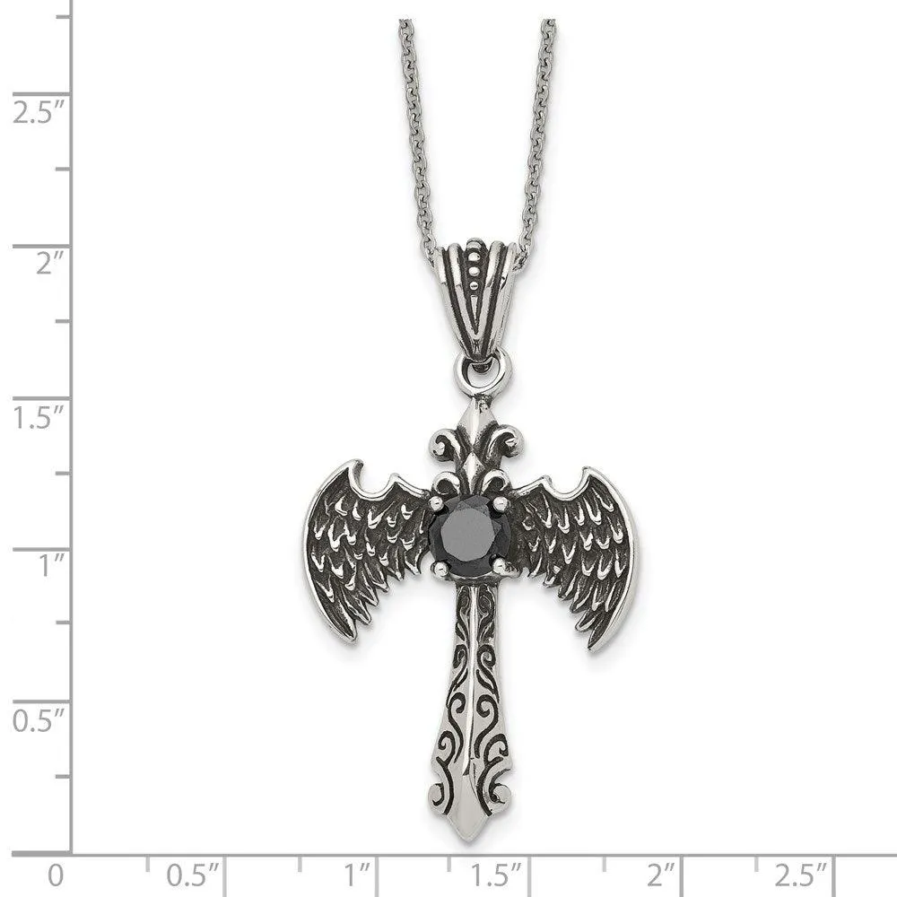 Stainless Steel Antiqued and Polished w/ Black CZ Cross Necklace