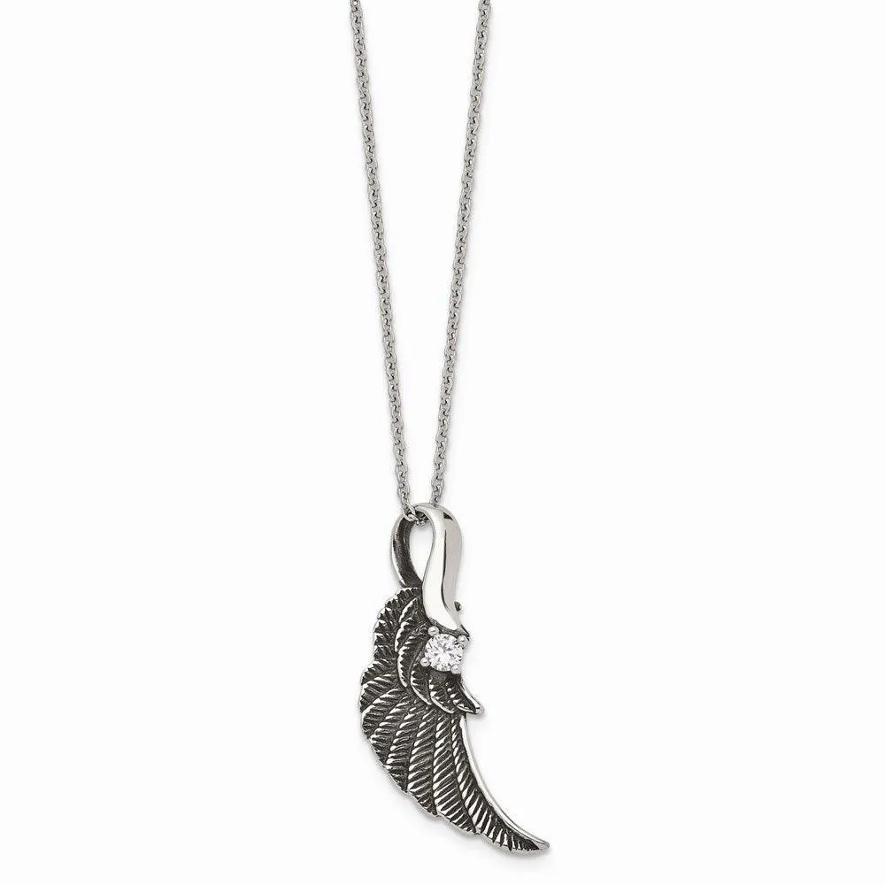 Stainless Steel Antiqued and Polished with Crystal Wing Necklace
