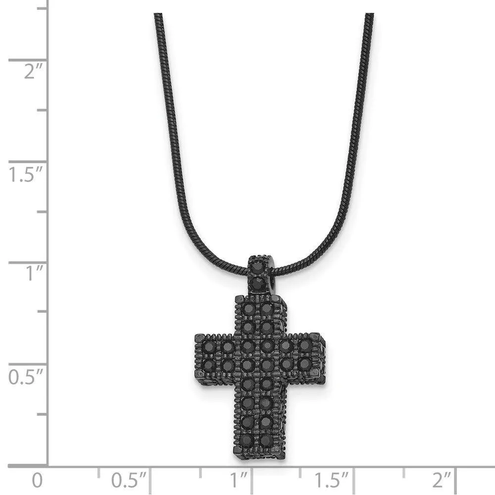 Stainless Steel Black IP-plated Black Crystal Cross w/2in ext Necklace