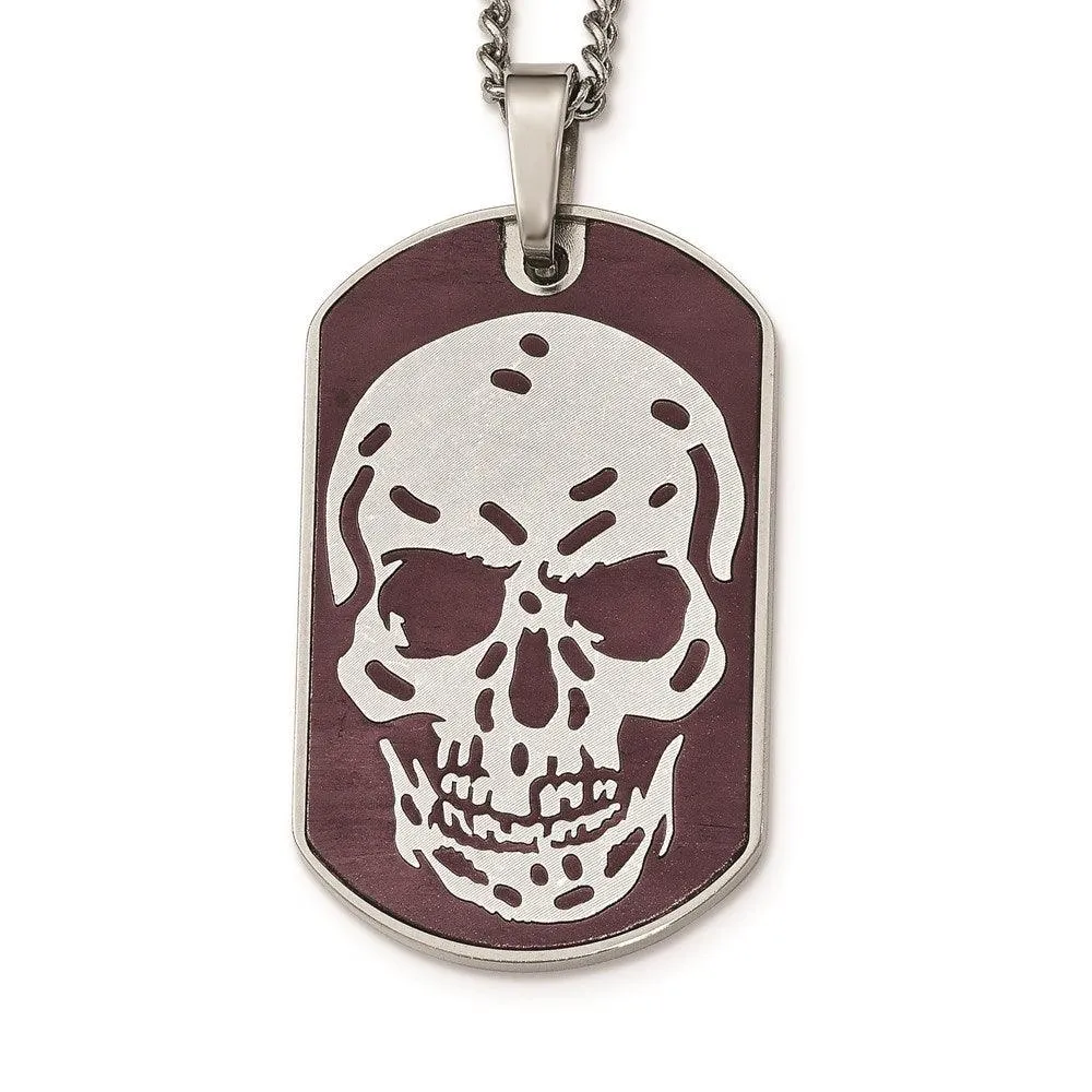 Stainless Steel Brown IP-plated Skull Dog Tag 24in Necklace