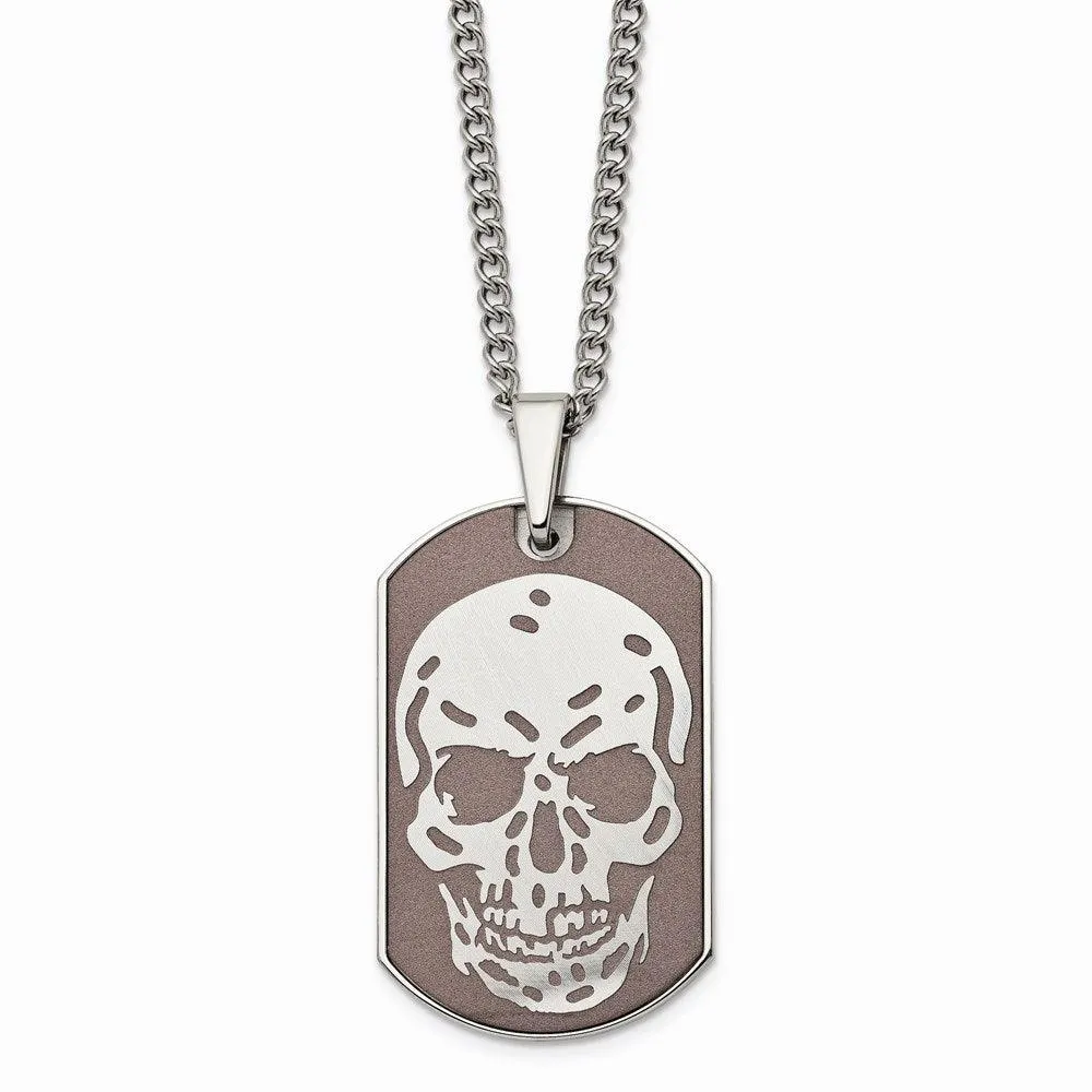 Stainless Steel Brown IP-plated Skull Dog Tag 24in Necklace