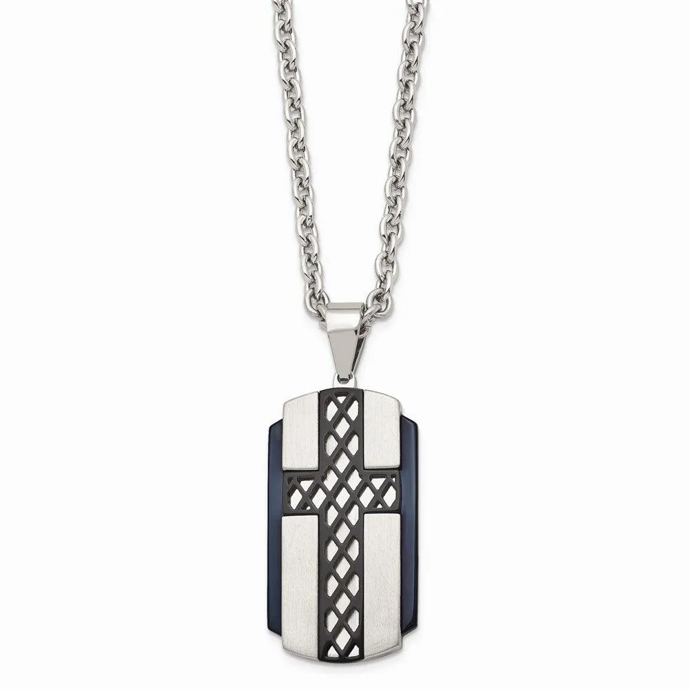 Stainless Steel Brushed and Polished Black IP-plated Cross Necklace