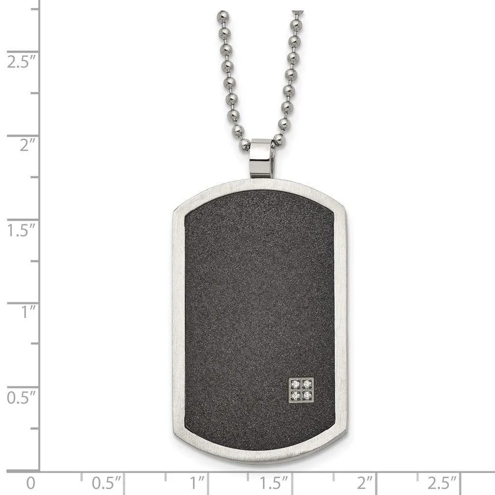 Stainless Steel Brushed LaserCut Black IP-Plated CZ Dogtag Necklace