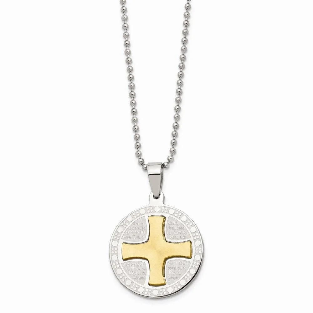 Stainless Steel Brushed/Polished Yellow IP Spanish Lords Prayer Necklace