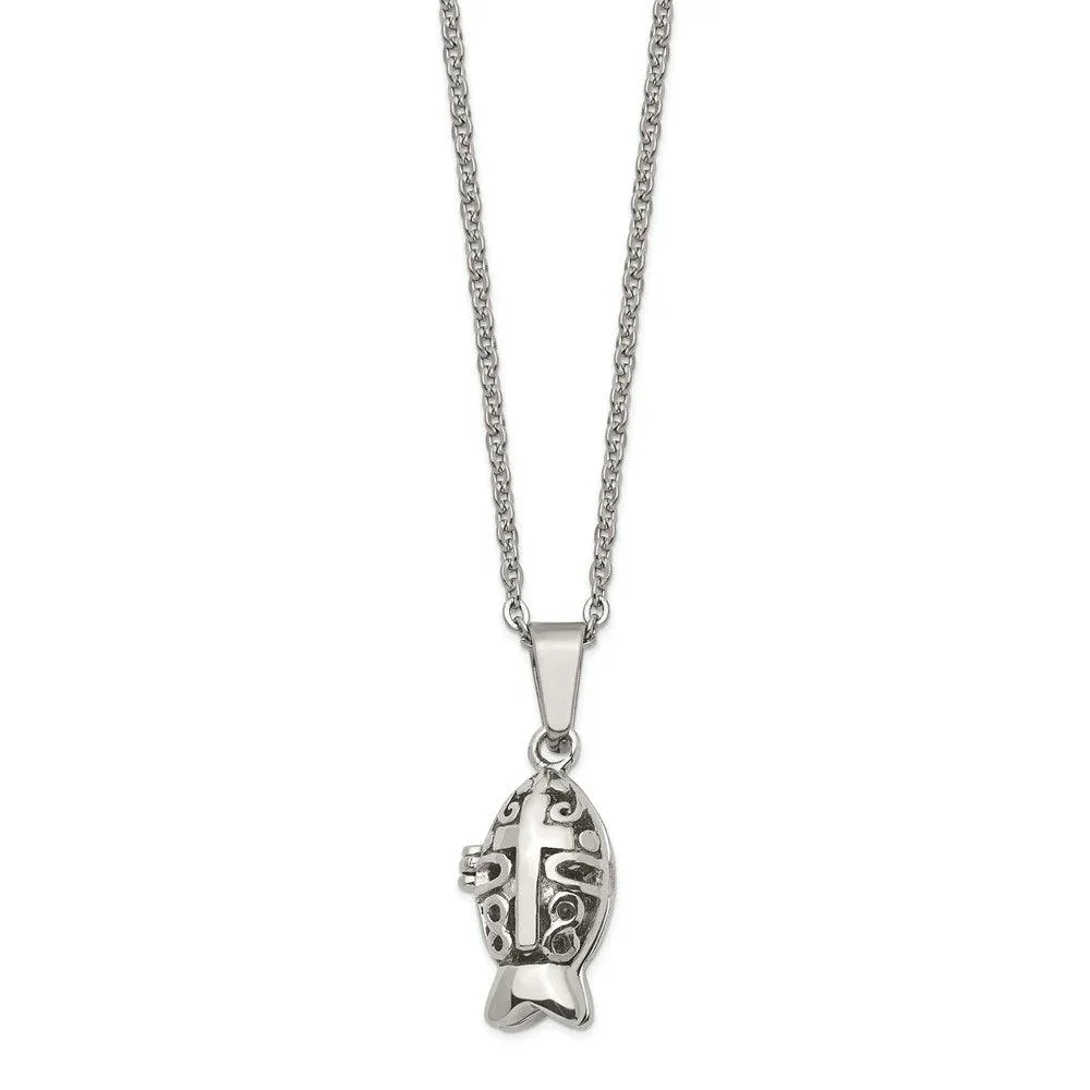 Stainless Steel Polished and Antiqued Magnetic Fish Necklace