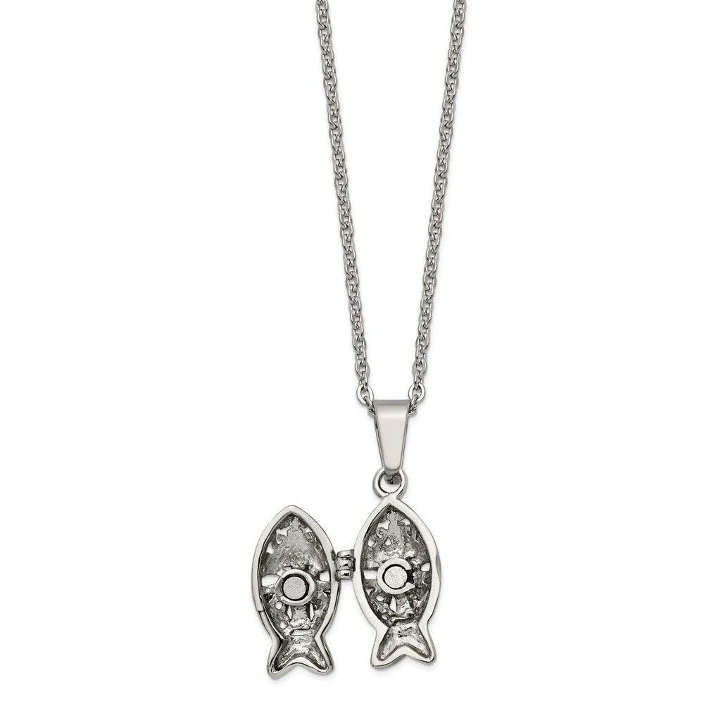 Stainless Steel Polished and Antiqued Magnetic Fish Necklace