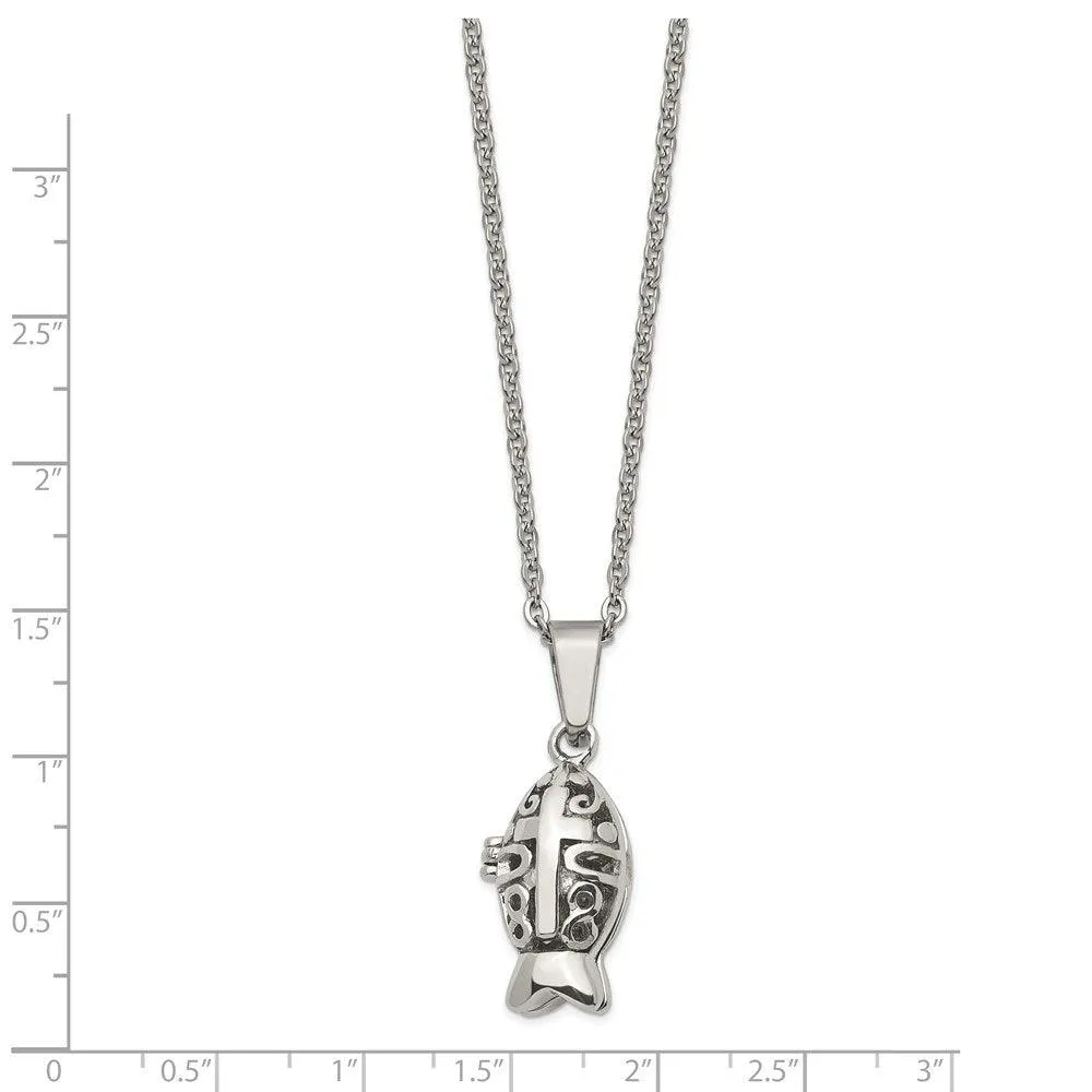 Stainless Steel Polished and Antiqued Magnetic Fish Necklace