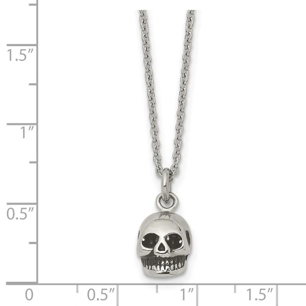 Stainless Steel Polished and Antiqued Skull Necklace