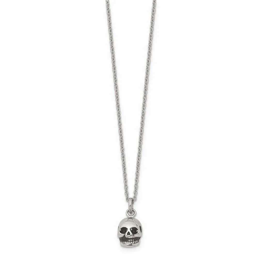 Stainless Steel Polished and Antiqued Skull Necklace