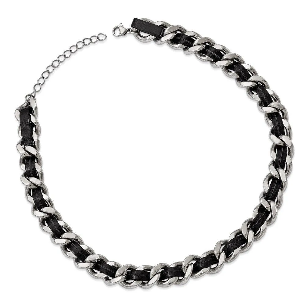 Stainless Steel Polished Blk Leather w/2in. Ext. Curb Choker Necklace