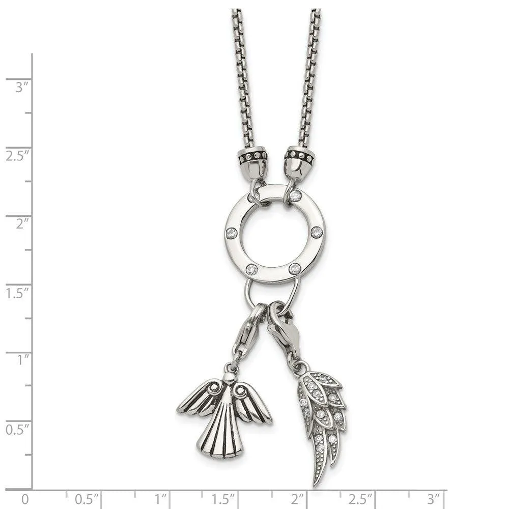 Stainless Steel Polished Feather & Angel CZ Charms w/2in ext. Necklace