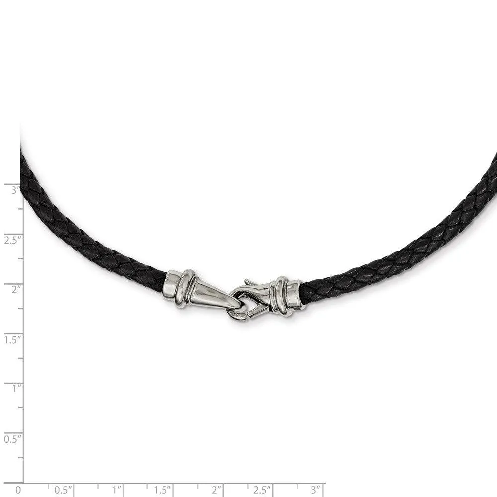 Stainless Steel Polished Woven Black Leather Necklace