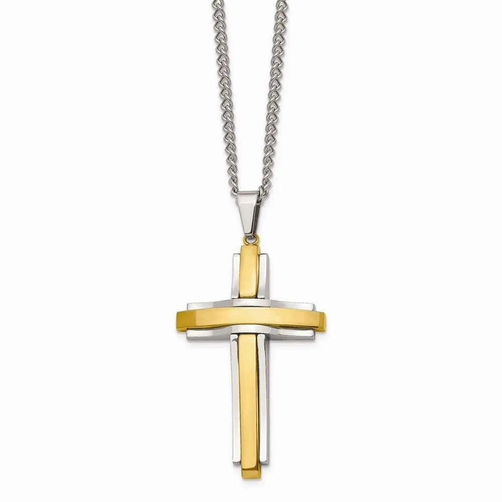 Stainless Steel Polished Yellow IP-plated Cross Necklace