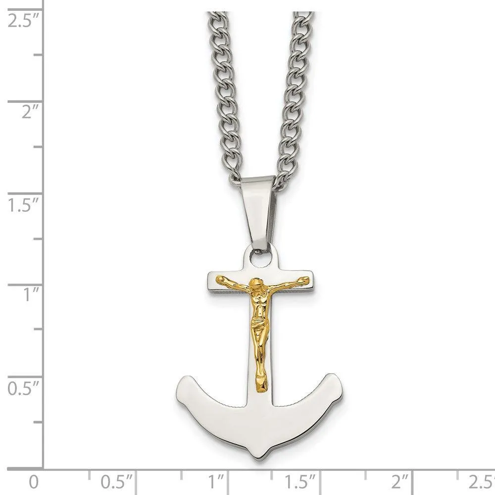 Stainless Steel w/14k Gold Crucifix Anchor Necklace