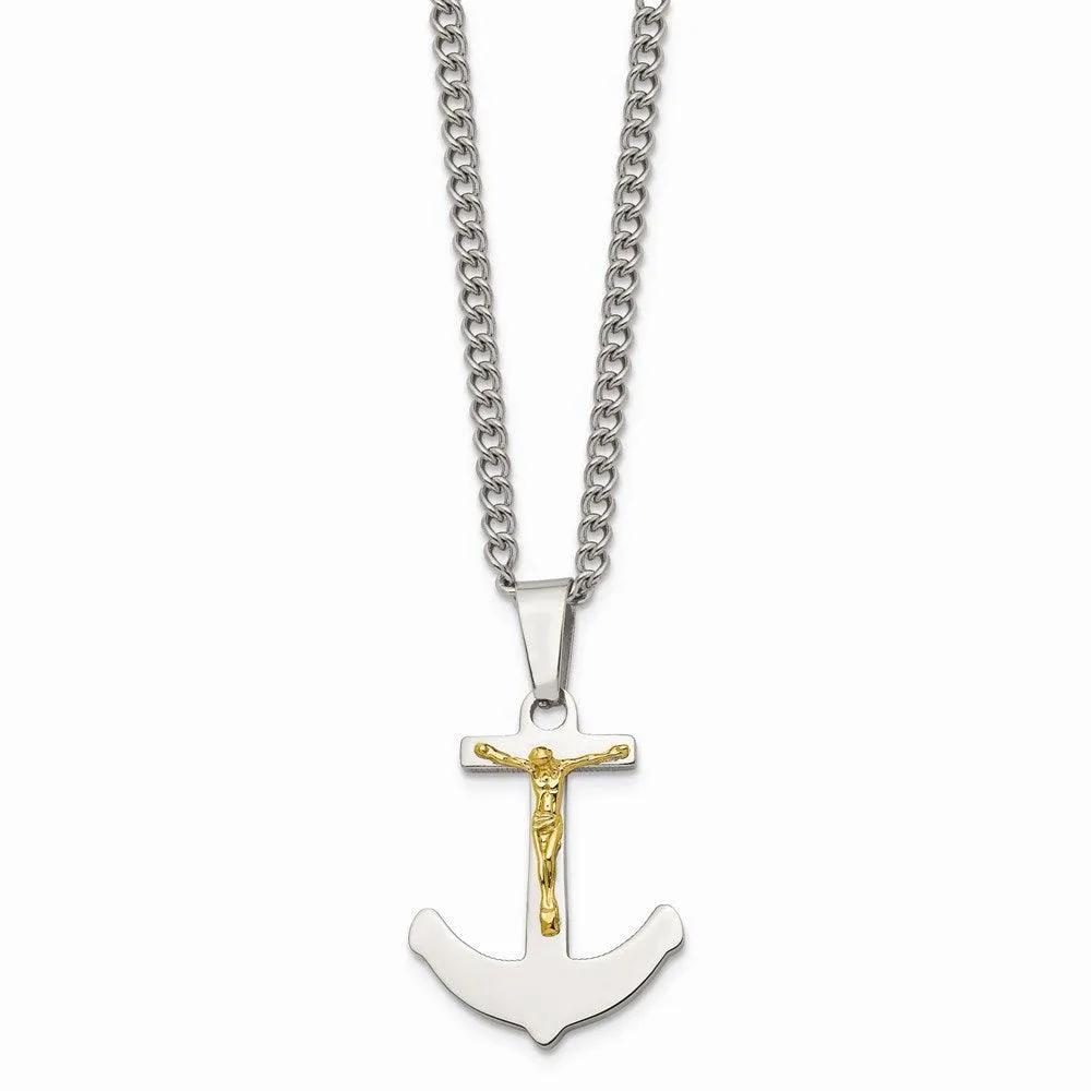 Stainless Steel w/14k Gold Crucifix Anchor Necklace
