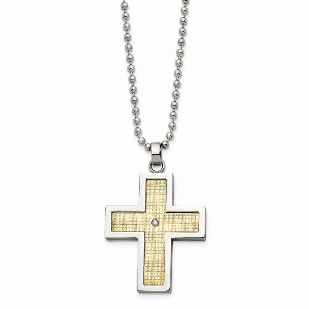 Stainless Steel w/18k Polished Textured Diamond Cross Necklace