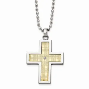 Stainless Steel w/18k Polished Textured Diamond Cross Necklace