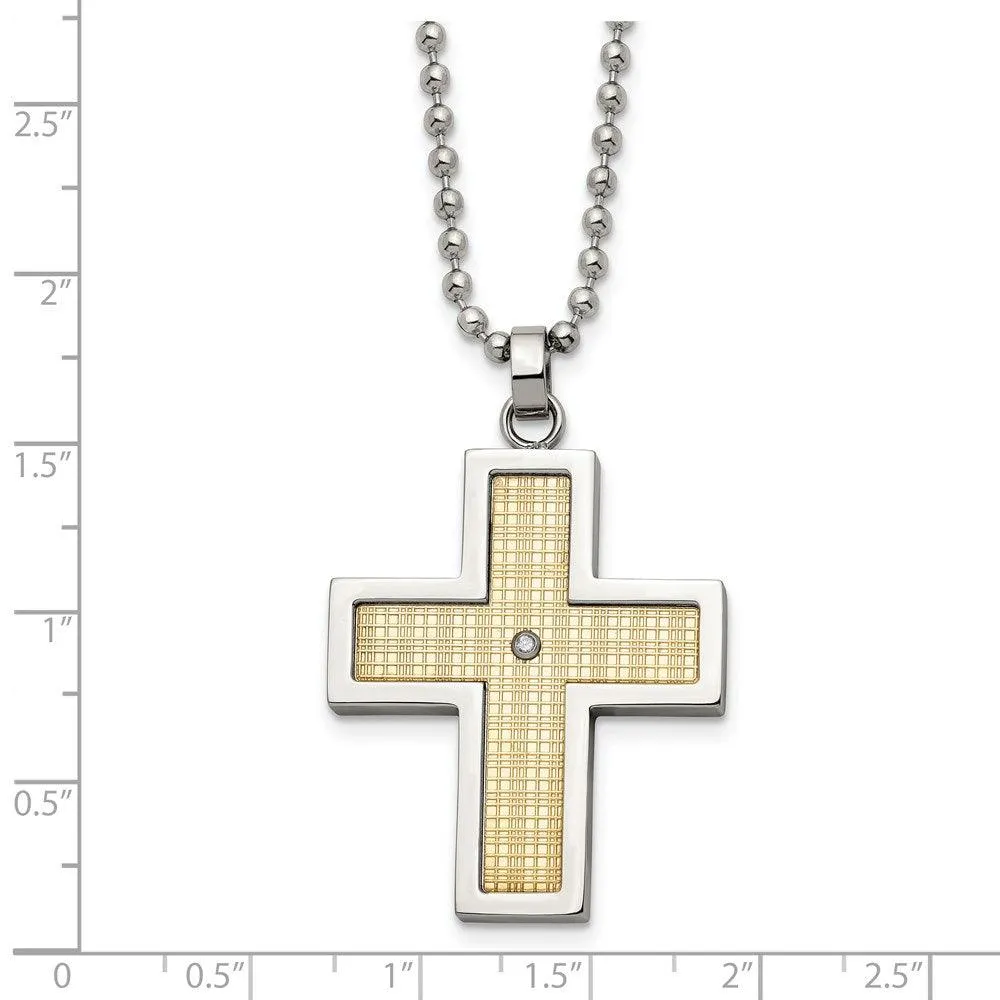 Stainless Steel w/18k Polished Textured Diamond Cross Necklace