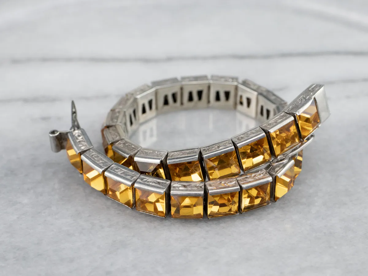 Sterling Silver Antique Faceted Yellow Glass Link Bracelet