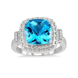 Sterling Silver Cushion Shape Blue Topaz And Diamond Ring