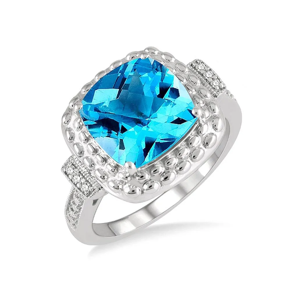 Sterling Silver Cushion Shape Blue Topaz And Diamond Ring
