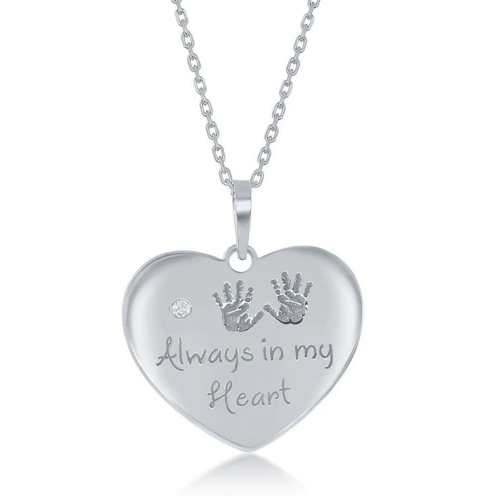 Sterling Silver Engraved Hand Prints Always in my Heart Single CZ Heart Necklace